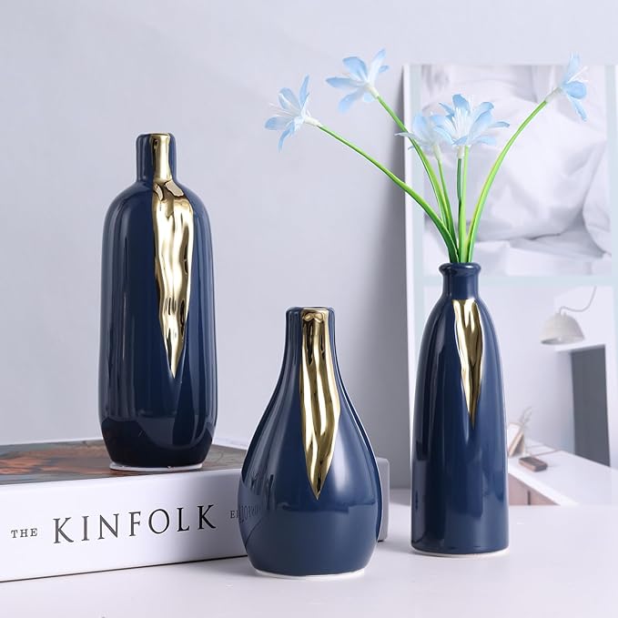 Ceramic Decorative Vases Set of 3, Blue and Gold Vases for Home Decor, centerpieces on Modern Farmhouse Living Room Table Shelves, Office Bookshelf Decorations and Ornaments.