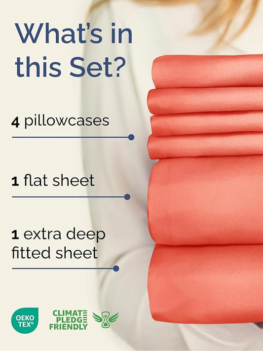 Extra Deep Full Sheet Set - 6 Piece Breathable and Cooling Sheets - Hotel Luxury Bed Sheets Set - Easy & Secure Fit - Soft, Wrinkle Free and Comfy Sheets Set - Coral Sheet Set with Extra Deep Pockets