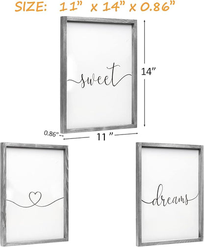 Set of 3 Framed Farmhouse Sweet Dreams Sign 11x14” Above Bed Wall Decor for Bedroom Decor Wall Art Wood Signs (11"x14", Gray)