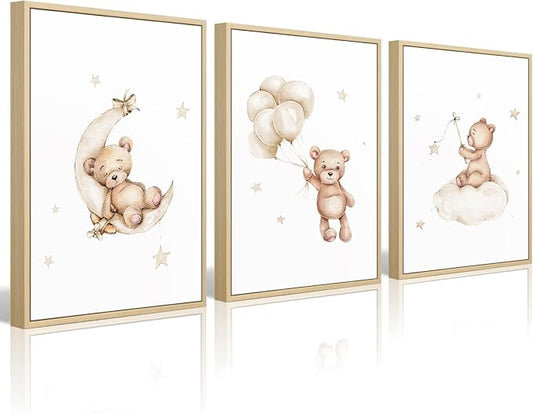 Bear Nursery Wall Art Decor Set of 3 Teddy Bear Canvas Wall Art Baby Boy Nursery Decor Prints Neutral Pictures Moon Star Cloud Print for Girls Children Room 12x16 Inch FRAMED