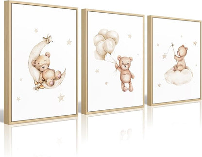 Bear Nursery Wall Art Decor Set of 3 Teddy Bear Canvas Wall Art Baby Boy Nursery Decor Prints Neutral Pictures Moon Star Cloud Print for Girls Children Room 16x24 Inch FRAMED