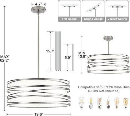 19.7" Drum Chandelier 5-Light Brushed Nickel Modern Pendant Light Adjustable Hanging Lighting Chandeliers for Dining Room Kitchen Island Foyer Living Room Bedrooms