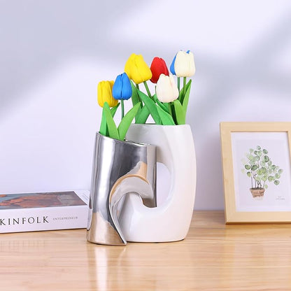 White and Silver Vase Set of 2, Nordic Modern Ins Style Vases, Boho Ceramic Vases for Centerpieces, Mid Century Abstract Donut Vase, Unique Funky Vase for Wedding, Decorative Pampas Grass Vase Decor