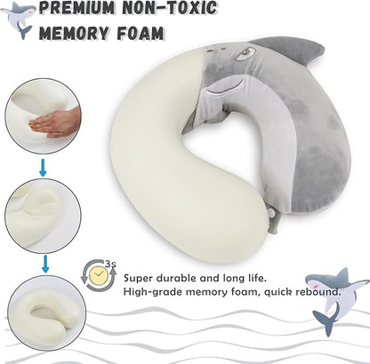 Travel Pillow, Kids Travel Pillow with Sleep Eye Mask Soft Memory Foam Kids Neck Pillow for Boys & Girls, Travel Accessories for Car Airplane Traveling - Shark
