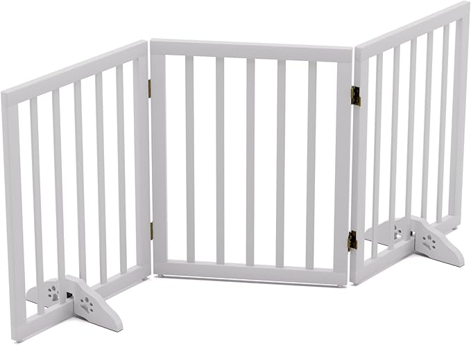 Freestanding Foldable Dog Gate for House - 3 Panels, 24'' Tall, White Wooden Pet Gate for Doorways and Stairs With 2 Support Feet