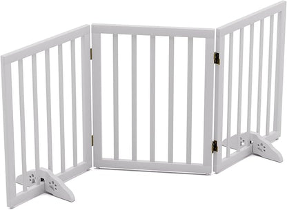 Freestanding Foldable Dog Gate for House - 3 Panels, 24'' Tall, White Wooden Pet Gate for Doorways and Stairs With 2 Support Feet