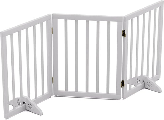 Freestanding Foldable Dog Gate for House - 3 Panels, 24'' Tall, White Wooden Pet Gate for Doorways and Stairs With 2 Support Feet