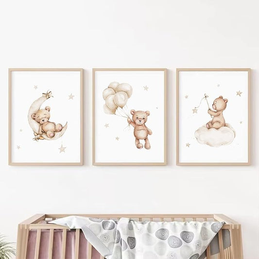 Bear Nursery Wall Art Decor Set of 3 Teddy Bear Canvas Wall Art Baby Boy Nursery Decor Prints Neutral Pictures Moon Star Cloud Print for Girls Children Room 16x24 Inch Unframed