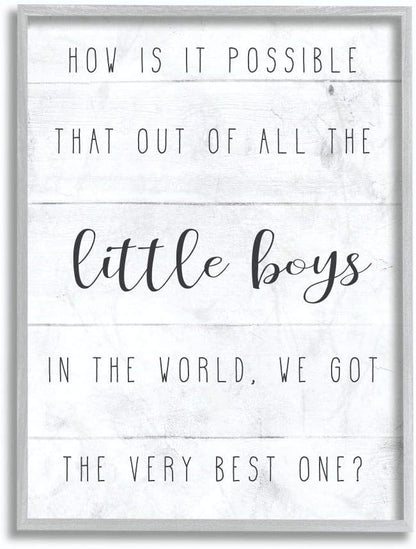 Stupell Industries Best Little Boy Family Kids Home Inspirational Word, Design by Artist Daphne Polselli Wall Art, 16 x 20, Grey Framed