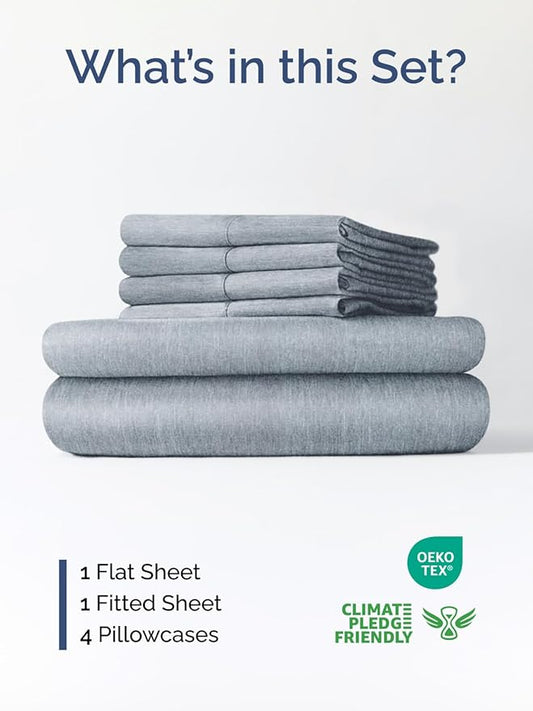 Extra Deep Full Sheet Set - 6 Piece Breathable and Cooling Sheets - Hotel Luxury Bed Sheets Set - Easy Fit - Soft, Wrinkle Free and Comfy Sheets Set - Heathered Blue Sheet Set with Extra Deep Pockets