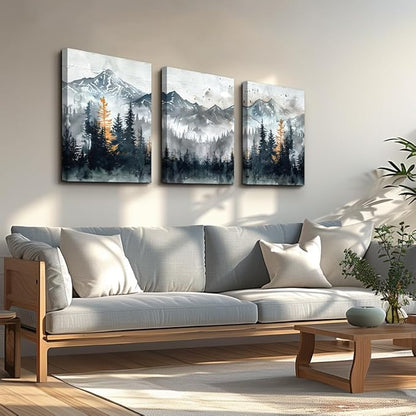 DZRWUBHS Large Canvas Wall Art Prints Modern Wall Decor for Bedroom Wall Art Living Room Office Poster Mountain Landscape Wall Picture Foggy Forest Vintage Paintings Home Decor Ready To Hang 3 Piece