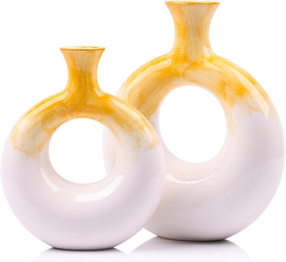 Ceramic Donut Vase Set of 2,Yellow and White Vases for Home Decor,Circle Decorative Vase for Centerpieces,Boho Pampas Vase for Office Wedding Dinner Table Living Room,Modern Flower Vase