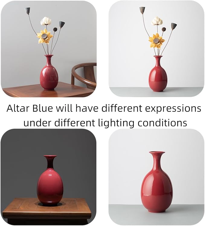 Red Ceramic Vase,8.66 INCH Handmade,Home Decorative Vase, Kitchen, Bedroom, Office, Living Room, Bathroom, Book Shelf Centerpiece Table Decorations (Vermilion Red Without Flowers)