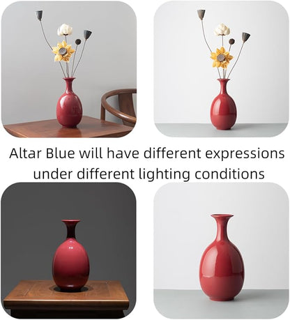 Red Ceramic Vase,8.66 INCH Handmade,Home Decorative Vase, Kitchen, Bedroom, Office, Living Room, Bathroom, Book Shelf Centerpiece Table Decorations (Vermilion Red Without Flowers)