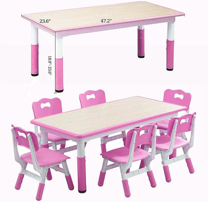 Kids Table and 6 Chair Set - Height Adjustable, Multifunctional Desk, Ergonomically Designed Chairs, Max 300lbs, for Ages 2-10, Classroom, Daycares, Home