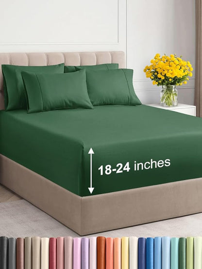 Extra Deep Cal King Sheet Set - 6 Piece Breathable & Cooling Sheets - Hotel Luxury Bed Sheets Set - Easy Fit - Soft, Wrinkle Free & Comfy Sheets Set - Emerald Green Sheet Set with Extra Deep Pockets