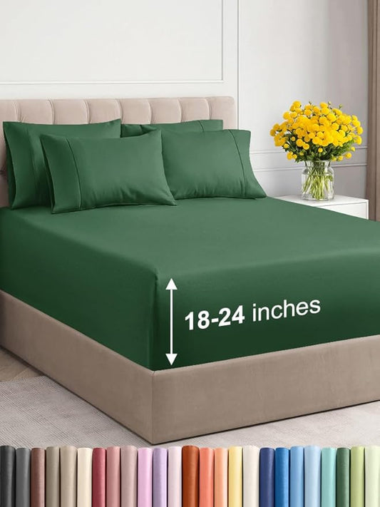 Extra Deep Cal King Sheet Set - 6 Piece Breathable & Cooling Sheets - Hotel Luxury Bed Sheets Set - Easy Fit - Soft, Wrinkle Free & Comfy Sheets Set - Emerald Green Sheet Set with Extra Deep Pockets