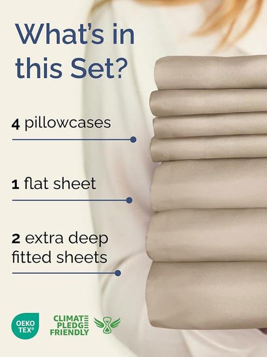 Extra Deep Split King Sheet Set - 7 Piece Breathable & Cooling Sheets - Hotel Luxury Bed Sheets Set - Easy & Secure Fit - Soft, Wrinkle Free & Comfy Sheets Set - Cream Sheet Set w/Extra Deep Pockets