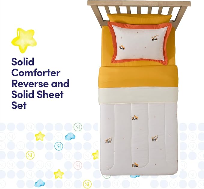 Construction Bedding Set Twin Size – Bed in a Bag with Sheets, Pillowcases & Shams – Soft Construction Bedding Comforter Set with Dump Trucks, Cranes & Bulldozers – Fun Kids Construction Bedroom Decor
