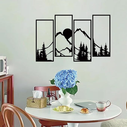 ruelen 4 Pcs Metal Sunset Mountain Forest Wall Decor, Abstract Minimalist Line Drawing Large Mountains Wall Art Home Decor for Living Room Bathroom Bedroom Office Indoor And Outdoor (Black, Large)