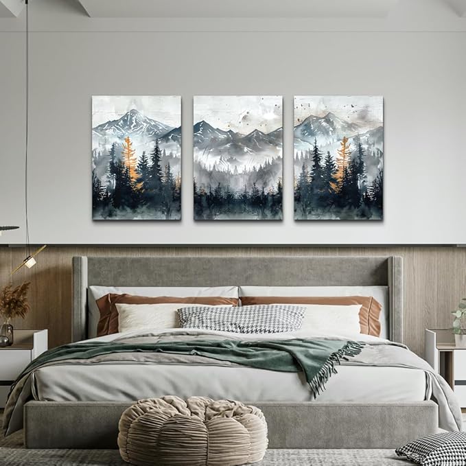 DZRWUBHS Large Canvas Wall Art Prints Modern Wall Decor for Bedroom Wall Art Living Room Office Poster Mountain Landscape Wall Picture Foggy Forest Vintage Paintings Home Decor Ready To Hang 3 Piece