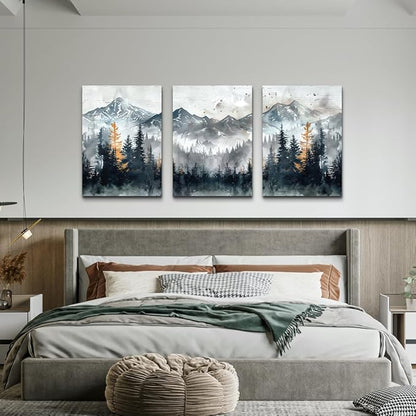 DZRWUBHS Large Canvas Wall Art Prints Modern Wall Decor for Bedroom Wall Art Living Room Office Poster Mountain Landscape Wall Picture Foggy Forest Vintage Paintings Home Decor Ready To Hang 3 Piece