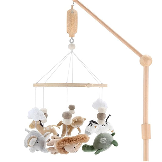 The Peanutshell Crib Mobile for Boys or Girls - Wooden Musical Baby Crib Mobile with 12 Lullabies, Jungle Animal, Baby Safari Serenity Nursery Decor