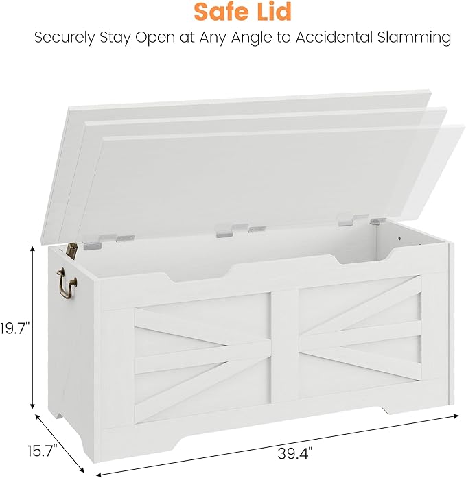 IDEALHOUSE 39.4" Toy Chest, Large Storage Chest with Safety Hinge, Kids Wooden Toy Box with Lid, Supports 350 lbs, Storage Bench Trunk for Entryway, Living Room, Bedroom, White