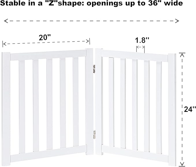 LZRS 2-Panel Wooden Free Standing Foldable Dog Gate – Solid Hardwood 24" High, Step-Over Safety Pet Gate for Doorways, Stairs & Small Spaces - Indoor Use, White