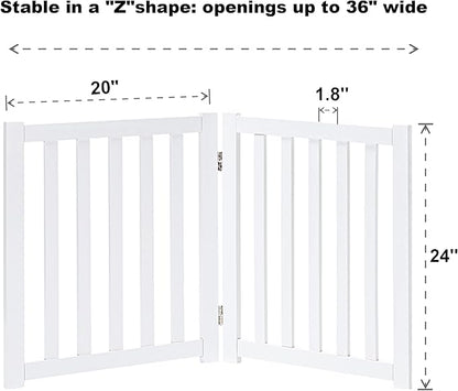 LZRS 2-Panel Wooden Free Standing Foldable Dog Gate – Solid Hardwood 24" High, Step-Over Safety Pet Gate for Doorways, Stairs & Small Spaces - Indoor Use, White