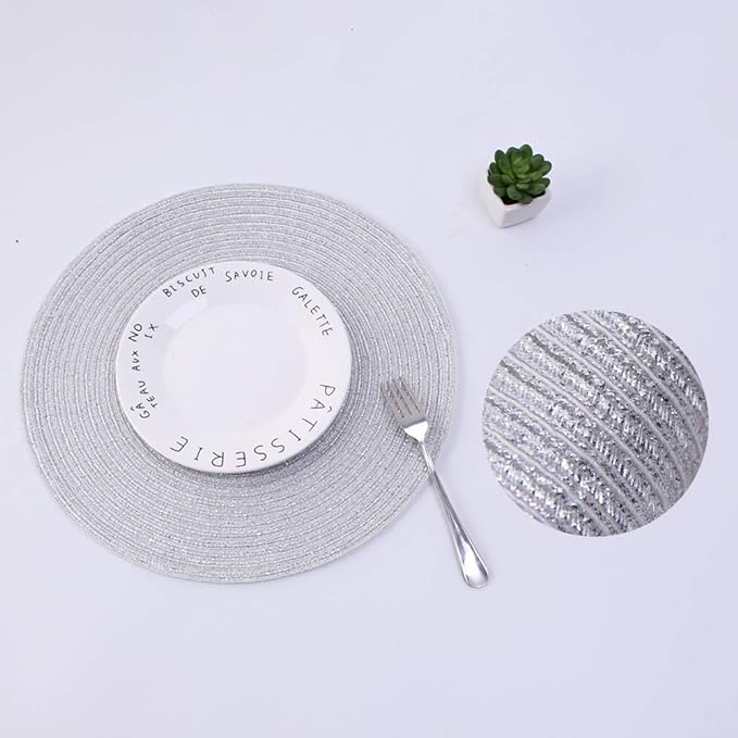SHACOS Glitter Round Braided Placemats Set of 6 Sparkle Bling Placemats Glitz Table Mats for Home Holiday Party Wedding Festive Table Decoration (6, Silver)