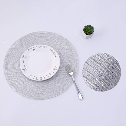 SHACOS Glitter Round Braided Placemats Set of 6 Sparkle Bling Placemats Glitz Table Mats for Home Holiday Party Wedding Festive Table Decoration (6, Silver)
