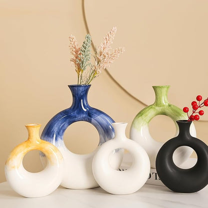 Ceramic Donut Vase Set of 2,Yellow and White Vases for Home Decor,Circle Decorative Vase for Centerpieces,Boho Pampas Vase for Office Wedding Dinner Table Living Room,Modern Flower Vase