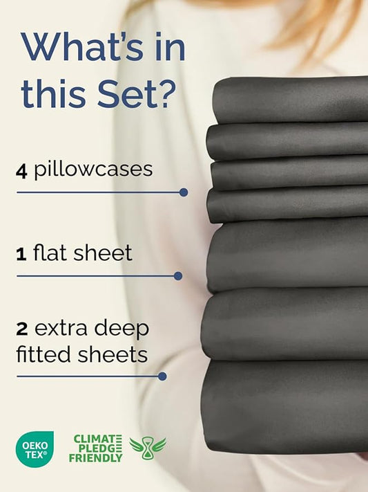 Extra Deep Split King Sheet Set - 7 Piece Breathable and Cooling Sheets - Hotel Luxury Bed Sheets Set - Easy Fit - Soft, Wrinkle Free and Comfy Sheets Set - Charcoal Sheet Set with Extra Deep Pockets