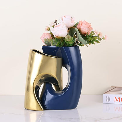 Blue and Gold Vase Set of 2, Nordic Modern Ins Style Vases, Boho Ceramic Vases for Centerpieces, Mid Century Abstract Donut Vase, Unique Funky Vase for Wedding, Decorative Pampas Grass Vase Decor