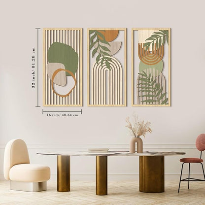 IARTTOP Large Sage Green Abstract Boho Wall Art Set Of 3 Geometric Wood Wall Art Mid Century Modern Artwork Neutral Bohemian Wall Decor for Living Room Bedroom Office-16 x 32 Inch
