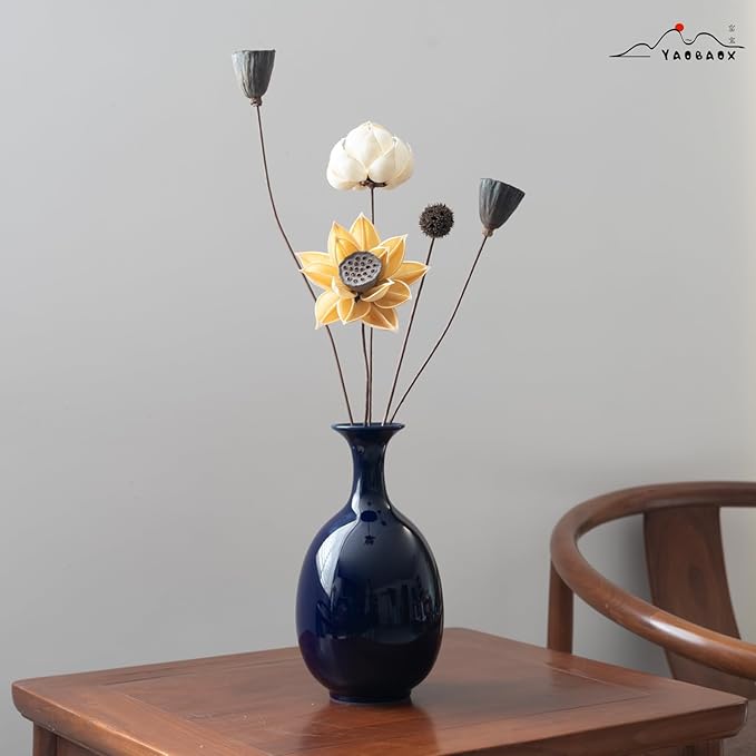 Altar Blue Ceramic Vase with Dried Flowers, Handmade in Jingdezhen for Modern Home Decor Office Bookshelf Tables Living Room Bedroom Shelf Decor Entryway Dry Flower Arrangement Ornament
