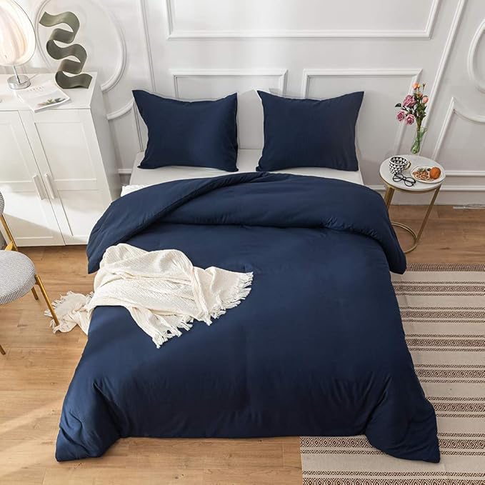 Cottonight Navy Blue Comforter Set Full Dark Blue Bedding Set Full Color Quilts Dark Navy Color All Season Blanket Breathable 3 Piece Comforter Set for Adults Teens