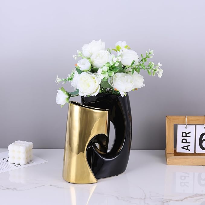 Black and Gold Vase Set of 2, Nordic Modern Ins Style Vases, Boho Ceramic Vases for Centerpieces, Mid Century Abstract Donut Vase, Unique Funky Vase for Wedding, Decorative Pampas Grass Vase Decor