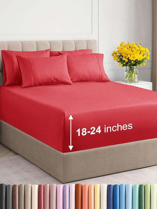 Extra Deep Queen Sheet Set - 6 Piece Breathable and Cooling Sheets - Hotel Luxury Bed Sheets Set - Easy & Secure Fit - Soft, Wrinkle Free and Comfy Sheets Set - Red Sheet Set with Extra Deep Pockets