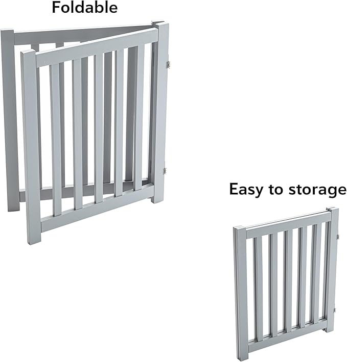 LZRS 2-Panel Wooden Free Standing Foldable Dog Gate – Solid Hardwood 24" High, Step-Over Safety Pet Gate for Doorways, Stairs & Small Spaces - Indoor Use, Grey