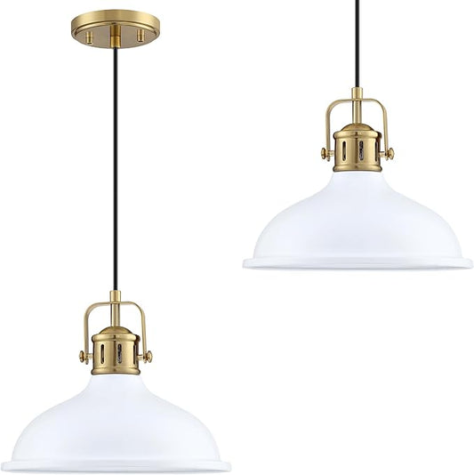 2 Pack 1 Light 12" Pendant Light Industrial Vintage Fixtures White Metal Chandelier Light Brushed Bronze Finish,Ceiling Lamp for Kitchen Home Island Dining Room Bedroom Farmhouse