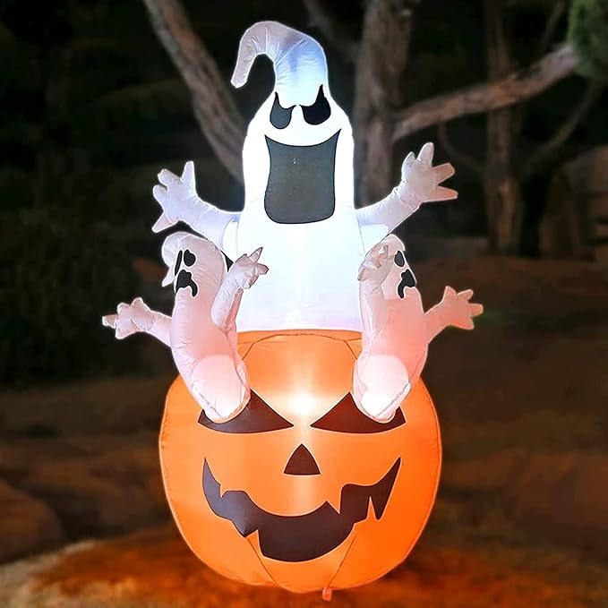 Dearsun 6FT H Halloween Inflatable Pumpkin Ghosts with Build-in LED Lights, Blow up Halloween Inflatable for Indoor Outdoor Party Garden Lawn Holiday Decor (Three Ghosts with Pumpkin)