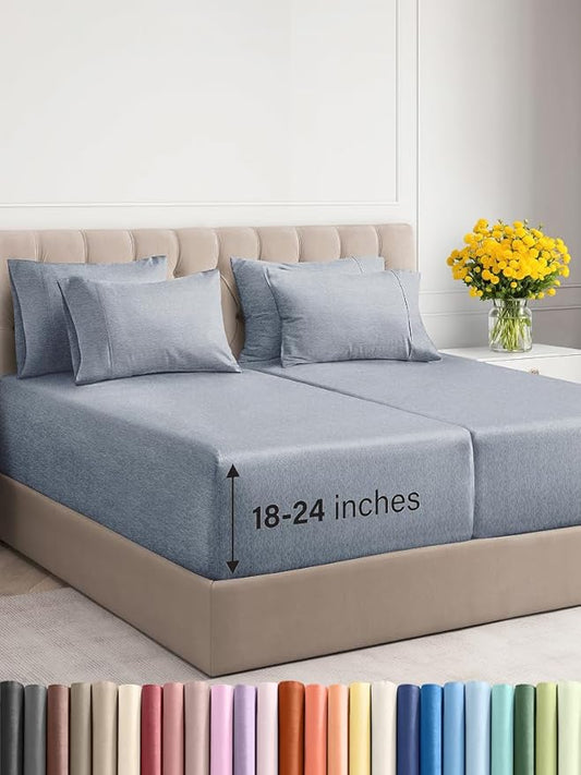 Extra Deep Split King Sheet Set - 7 Piece Breathable & Cooling Sheets - Hotel Luxury Bed Sheets Set - Easy Fit - Soft, Wrinkle Free & Comfy Sheets Set - Heathered Blue Sheet Set w/Extra Deep Pockets