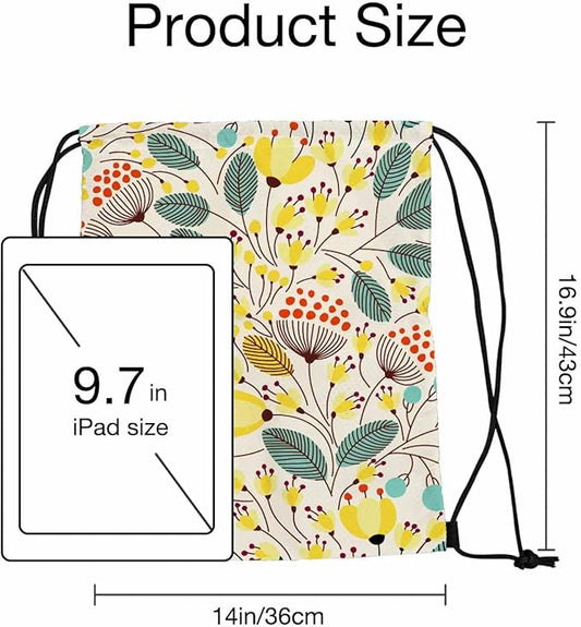 Floral Pattern Beautiful Yellow Flower Green Leaf Red Stamen Drawstring Backpack Gym Backpack Draw String Shoe Swim Back Bag for Women Men 14x16.9 Inch