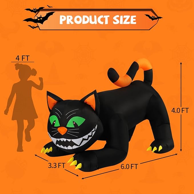 COMIN 6 FT Halloween Inflatables Black Cat Outdoor Decorations Blow Up Yard Large Cat with Moving Head and Built-in LEDs for Indoor Party Garden Lawn Decor