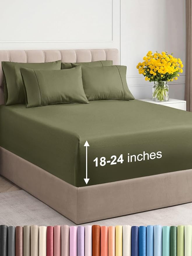 Extra Deep Full Sheet Set - 6 Piece Breathable & Cooling Sheets - Hotel Luxury Bed Sheets Set - Easy & Secure Fit - Soft, Wrinkle Free & Comfy Sheets Set - Sage Green Sheet Set with Extra Deep Pockets