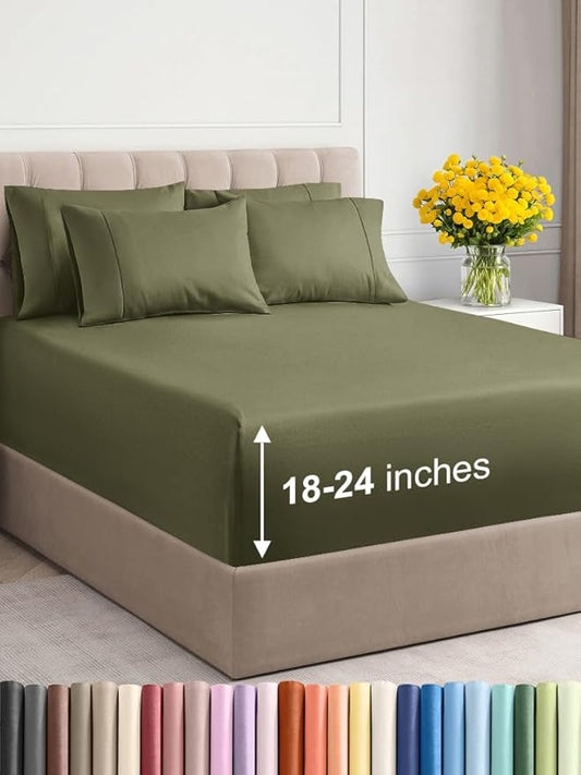 Extra Deep Full Sheet Set - 6 Piece Breathable & Cooling Sheets - Hotel Luxury Bed Sheets Set - Easy & Secure Fit - Soft, Wrinkle Free & Comfy Sheets Set - Sage Green Sheet Set with Extra Deep Pockets