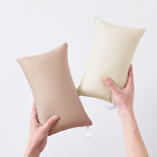 MEILA 2 Pack Cotton Tiny Pillows, 11"x7" Mini Pillows for Kids, Pets, Sleeping and Traveling, Small Washable Decorative Pillows for Neck, Wrist, and Knee, Beige & Brown