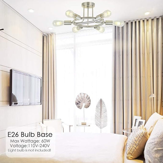 BONLICHT Sputnik Chandelier Brushed Nickel Modern Starburst Chandelier 6 Lights Semi Flush Mount Ceiling Light Industrial Vintage Dining Room Light Fixture UL Listed